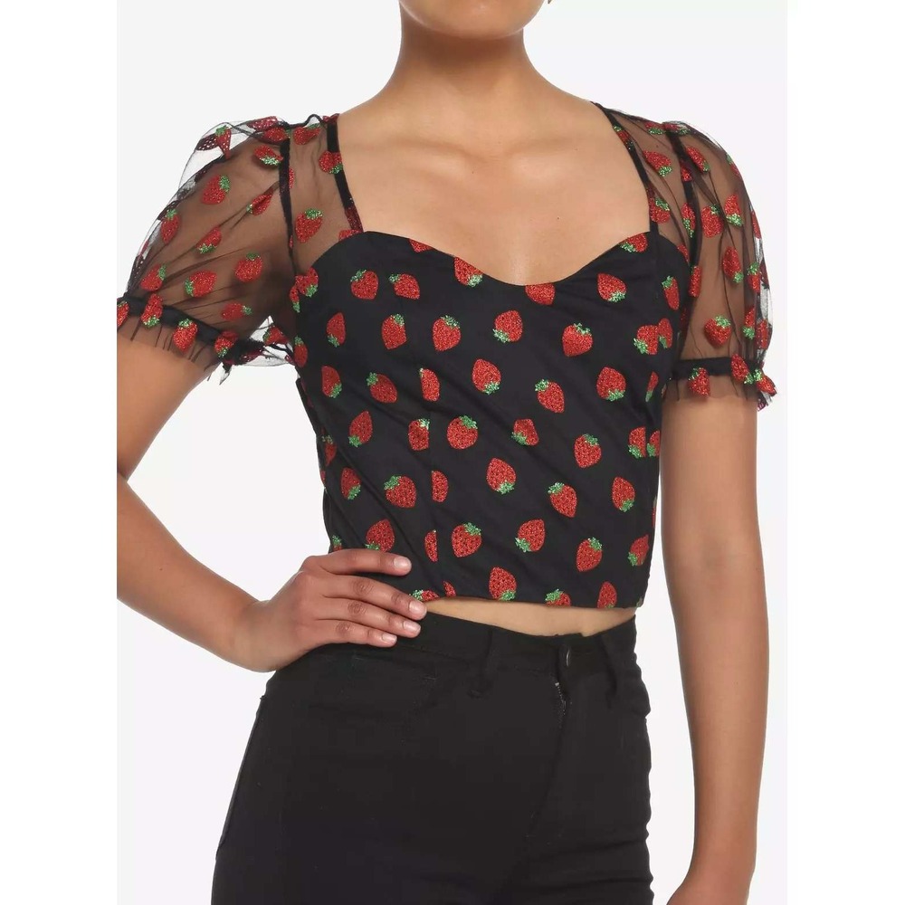 Hot Topic Strawberry Glitter Mesh Top Women M Black Whimsygoth Coquette Retro